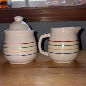 Primary colors Striped Sugar and Creamer Set vintage ceramic